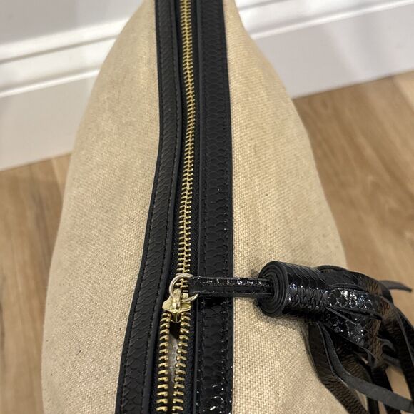 Nine West Canvas Shoulder Bag Black Patent Leather Nailhead Trim Tassle 10x12 - Picture 8 of 16